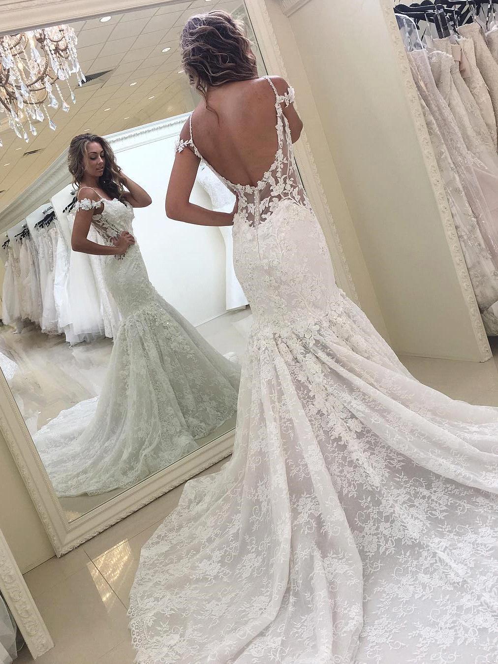 Simple Sexy Mermaid Wedding Dresses Backless Spaghetti Neck Lace Appliqued Custom Made Vintage Bridal Gowns, White
Simple Sexy Mermaid Wedding Dresses Backless Spaghetti Neck Lace Appliqued Custom Made Vintage Bridal Gowns, White