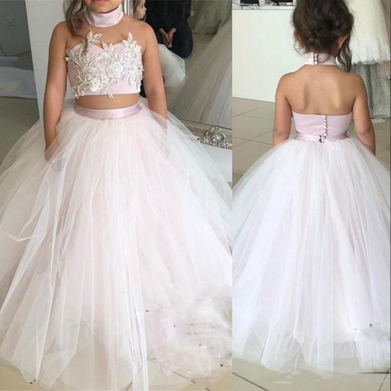 Flower Dresses Blush Pink High Neck Two Pieces Lace 3D Floral Appliques Tulle Beaded Princess Birthday Party Girls Pageant Gowns