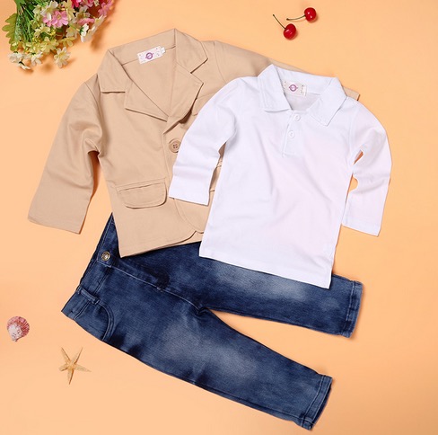 european fashion boys sets baby kids boys jacket+polo shirt+denim pants 3-piece children denim clothing sets