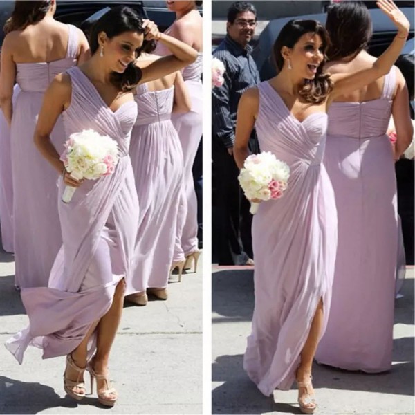Formal Lilac Bridesmaid Dresses Spring 2019 One Shoulder Fitted Split Floor Length Chiffon Country Wedding Maid of Honor Dresses Gowns