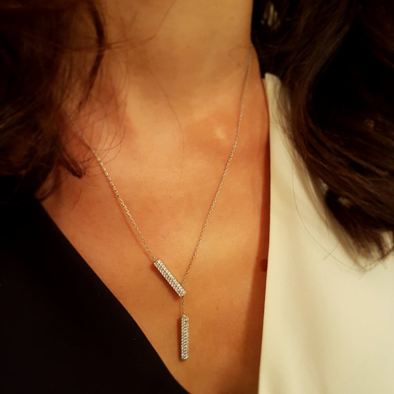 long chain lariat Y necklace Rhodium plated 925 sterling silver summer women sexy necklaces with double cz bar charm simple fashion jewelry