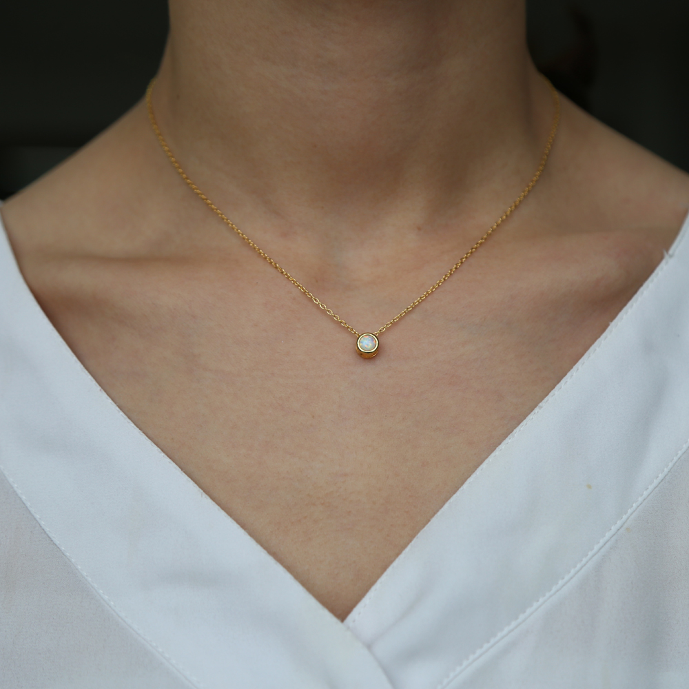 gold plated vermeil 925 sterling silver single stone necklace simple design bezel round cz charm beaded slider opal collar chains