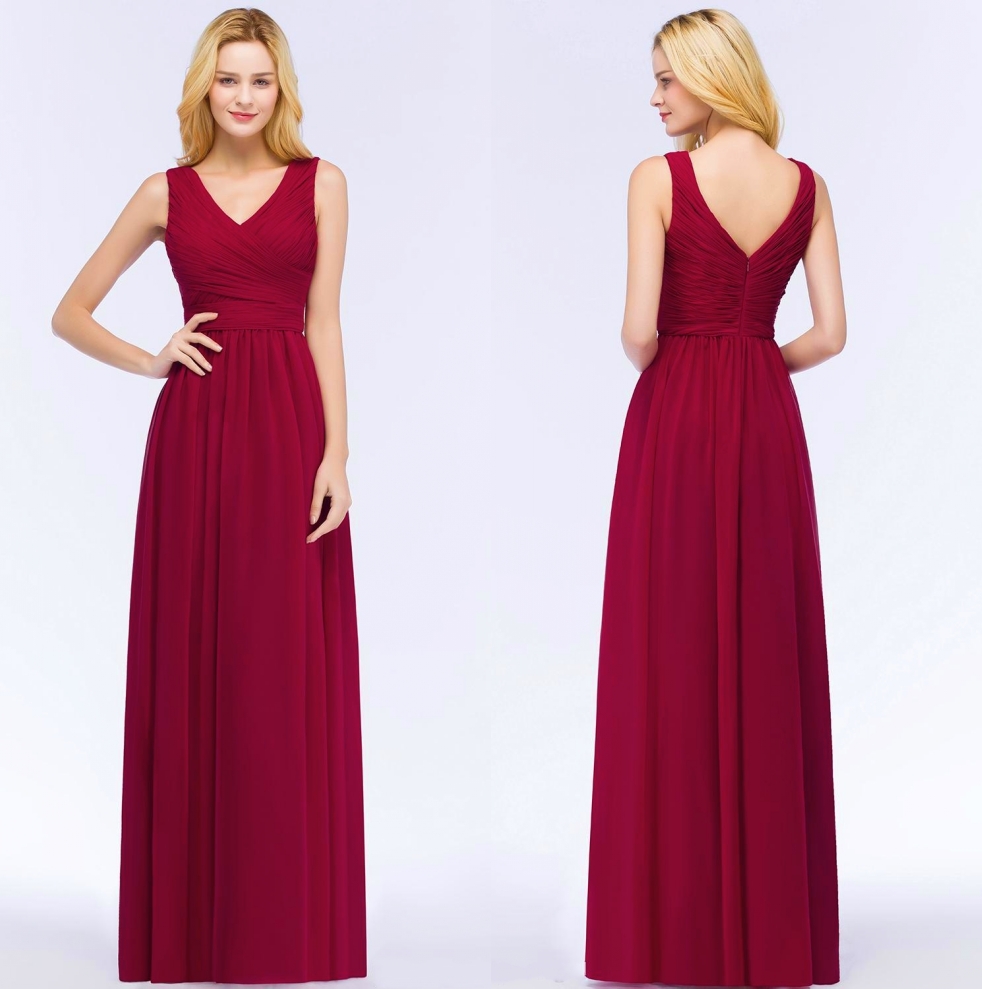Burgundy A Line Chiffon Long Bridesmaid Dresses Sleeveless Ruffle Wedding Party Wear With Zipper Back Maid Of Honor Gowns HY4246