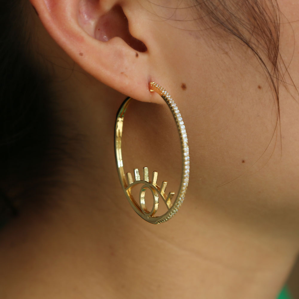 gold plated micro pave cz circle hoop turkish evil eye earring fashion lucky sign girl lady gift jewelry eye design