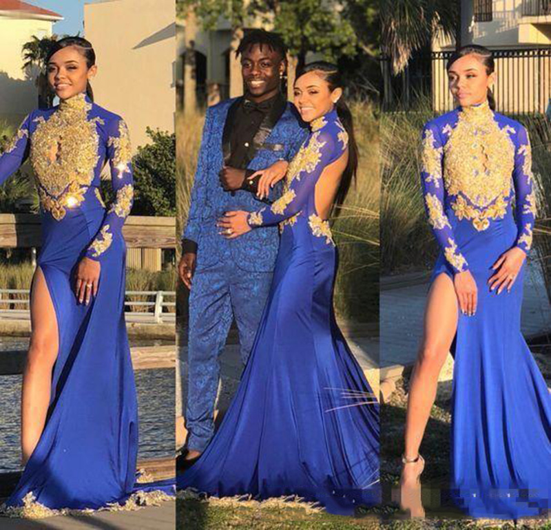 Elegant Royal Blue Mermaid Prom Dresses With Gold Appliques High Neck Long Sleeves Sexy Backless Side Split Formal Evening Gowns, Champagne
Elegant Royal Blue Mermaid Prom Dresses With Gold Appliques High Neck Long Sleeves Sexy Backless Side Split Formal Evening Gowns, Champagne