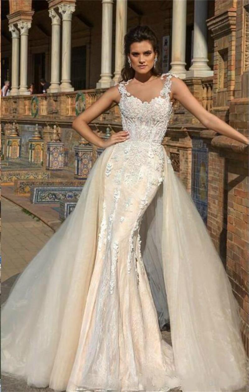 Two Pieces Crystal Design Wedding Dress Sheer Jewel Neck Lace Applique Sequins Wedding Dresses With Removable Tulle Overskirts