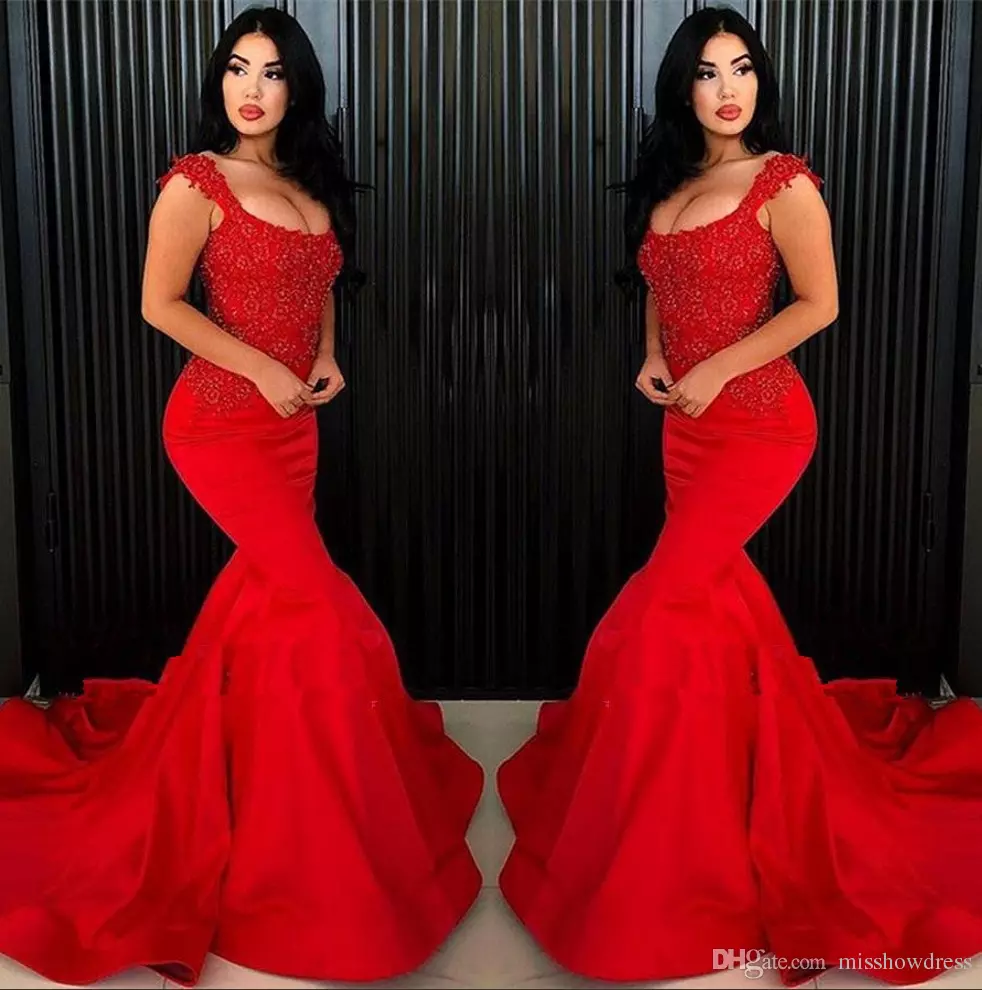 New 2019 Elegant Red Prom Cap Sleeves Satin Mermaid Long Lace Applique Beaded Party Gowns Plus Size Evening Dresses
