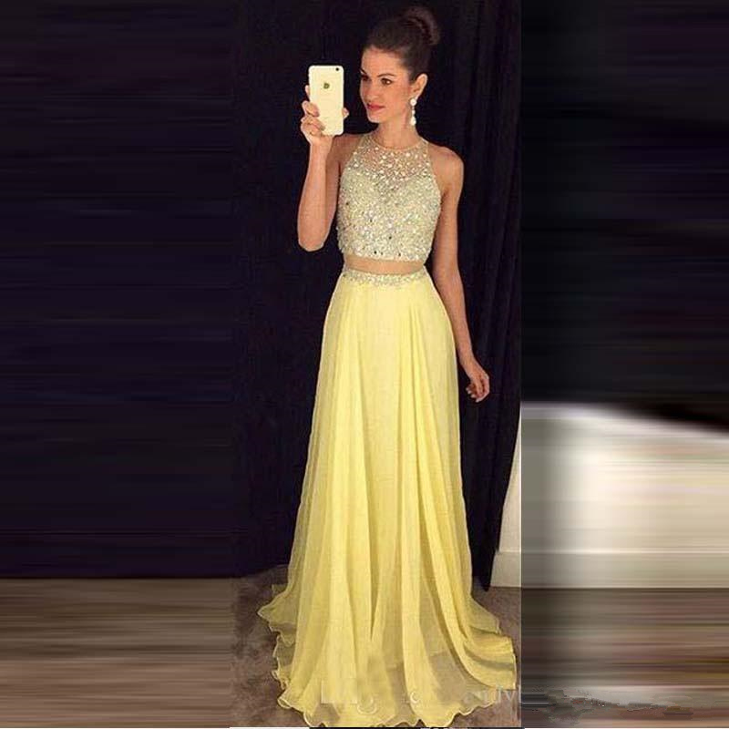 New Two Pieces Prom Dresses Jewel Neck Yellow Peach Chiffon Long Crystal Beads Open Back Party Dresses A-Line Evening Gowns HY1025