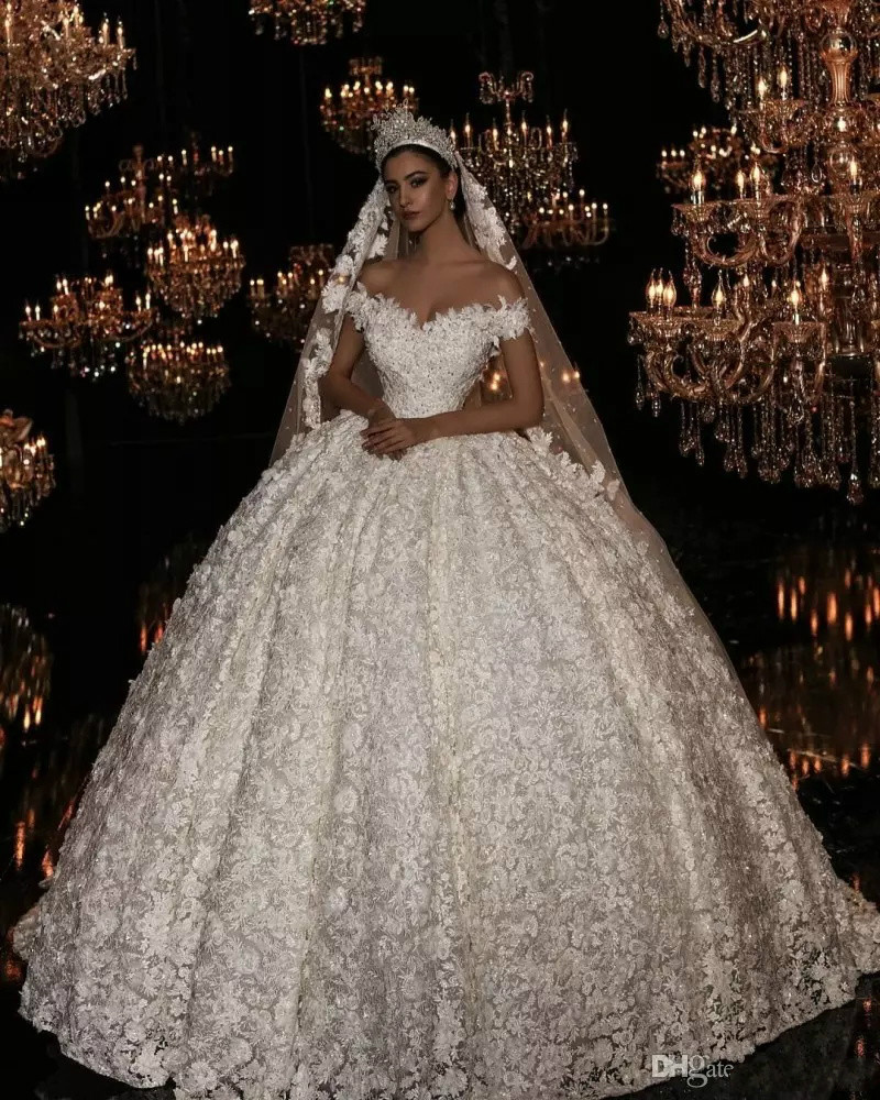Applique Beads Ball Gown Wedding Dresses Lace Off The Shoulder Sweep Train Plus Size Bridal Gowns Puffy Vestido De Novia With Veils