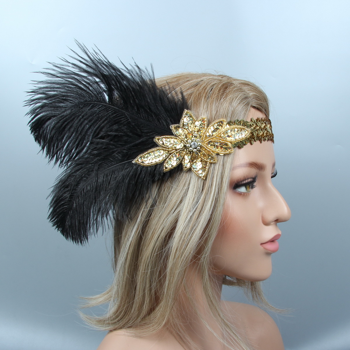 1920s Great Gatsby Black Bridal Headband feather Beauty Girl Peacock Feather Wedding Queen Headband Prom Princess Birthday Party