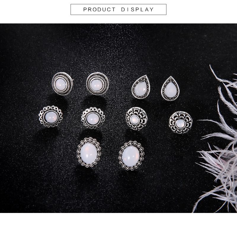Bohemia Fashion Opal Stud 5 Pairs For One Earring Set Big White Stone Vintage Design Alloy Studding Wholesale