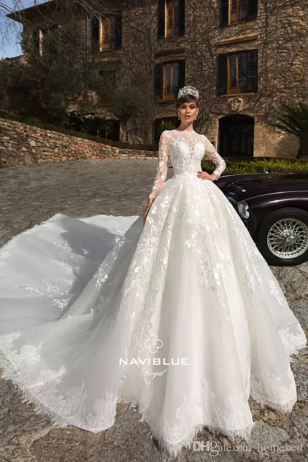 Long Sleeve Wedding Dresses With Cathedral Train Jewel Neck Lace Appliqued Bridal Gowns Boho Beach Plus Size Vestito Da Sposa 0505 0505