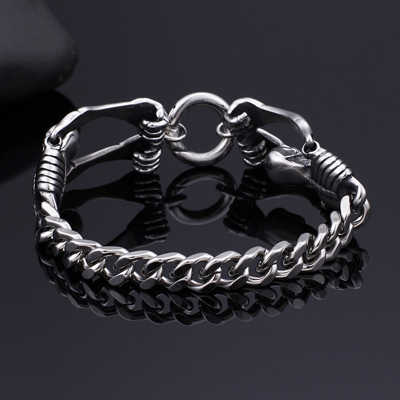 Double Skeleton Stainless Steel Bracelet Punk Men's Ancient Silver Thick Heavy Hip Hop Rock Bangle Jewelry