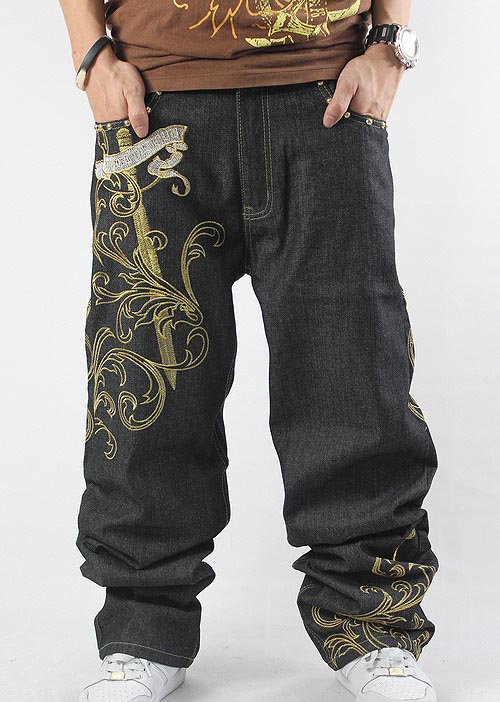 Embroidered pattern hip-hop jeans trousers HIPHOP casual loose plus fat large size skateboard Men jeans pants