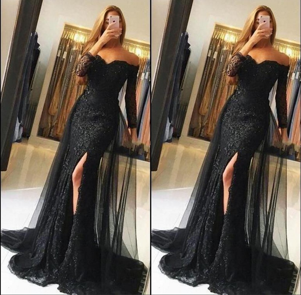 Black Lace Prom Dresses 2020 Off Shoulder Long Sleeves Mermaid Evening Gowns Sexy Side Split Party Dress Custom Made, Champagne
Black Lace Prom Dresses 2020 Off Shoulder Long Sleeves Mermaid Evening Gowns Sexy Side Split Party Dress Custom Made, Champagne
