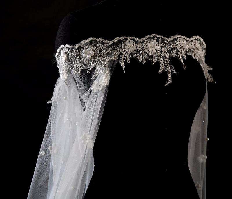 Off Shoulder 3M Cathedral Train Wedding Bridal Wraps Applique Lace Crystal Pearls With 3d Flowers Wedding Bridal Capes