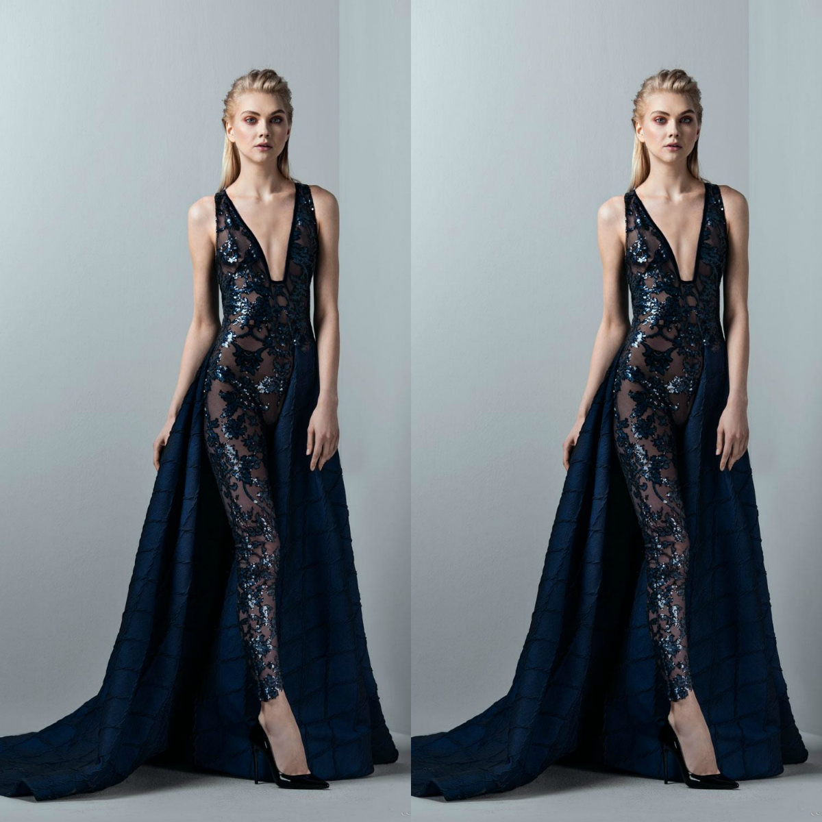 Dark Navy Jumpsuit Sexy Prom Dresses With Detachable Skirt Lace Applique Sequined Evening Gown Deep V Neck Formal Dress Party