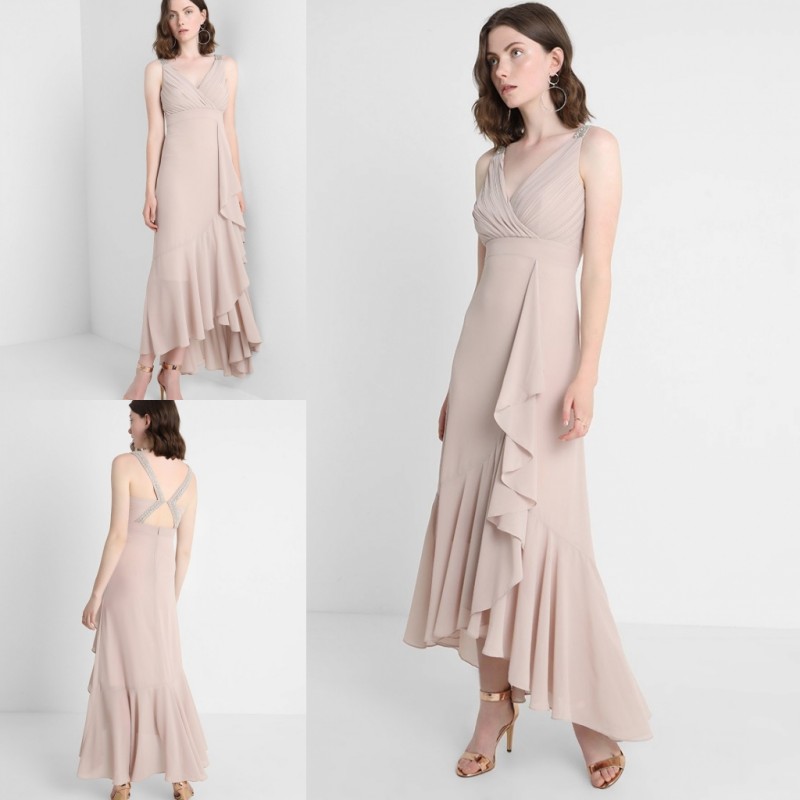 Summer Chiffon Mother Of The Bride Dresses Nude V Neck Hi Lo Hollow Back Wedding Guest Dress Women Formal Wear