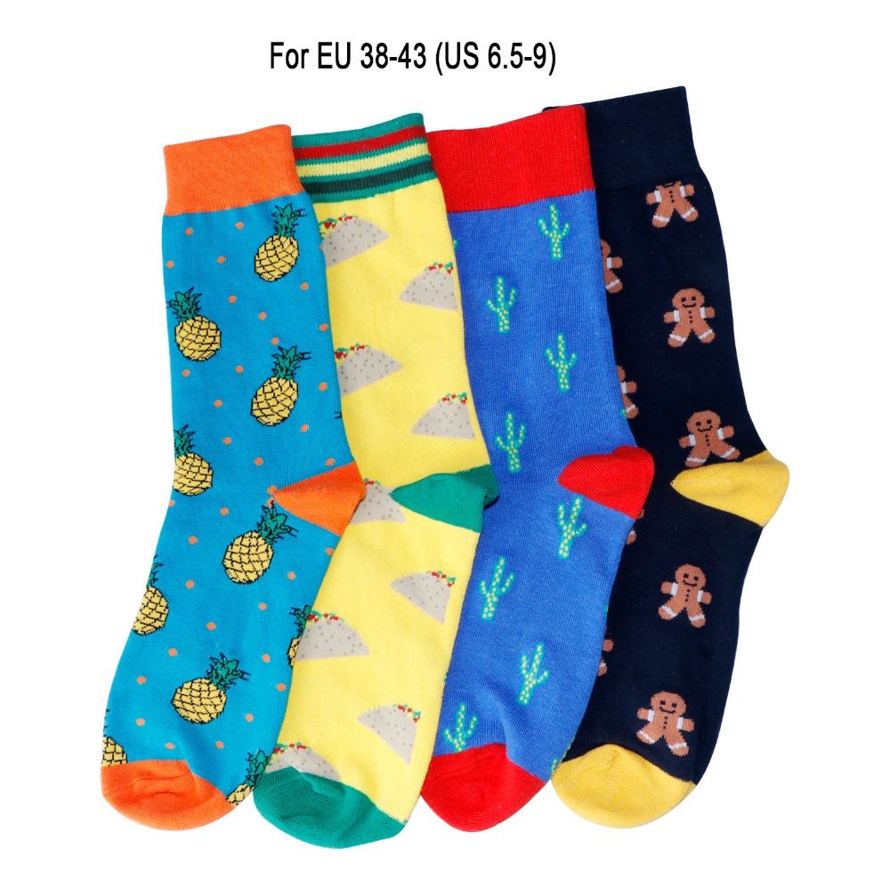 Brand Happy Men Long Socks Funny Pepper Chili Pumpkin Hamburger Chips Gingerbread Cherry Watermelon Banana Cactus Pineapple Sock