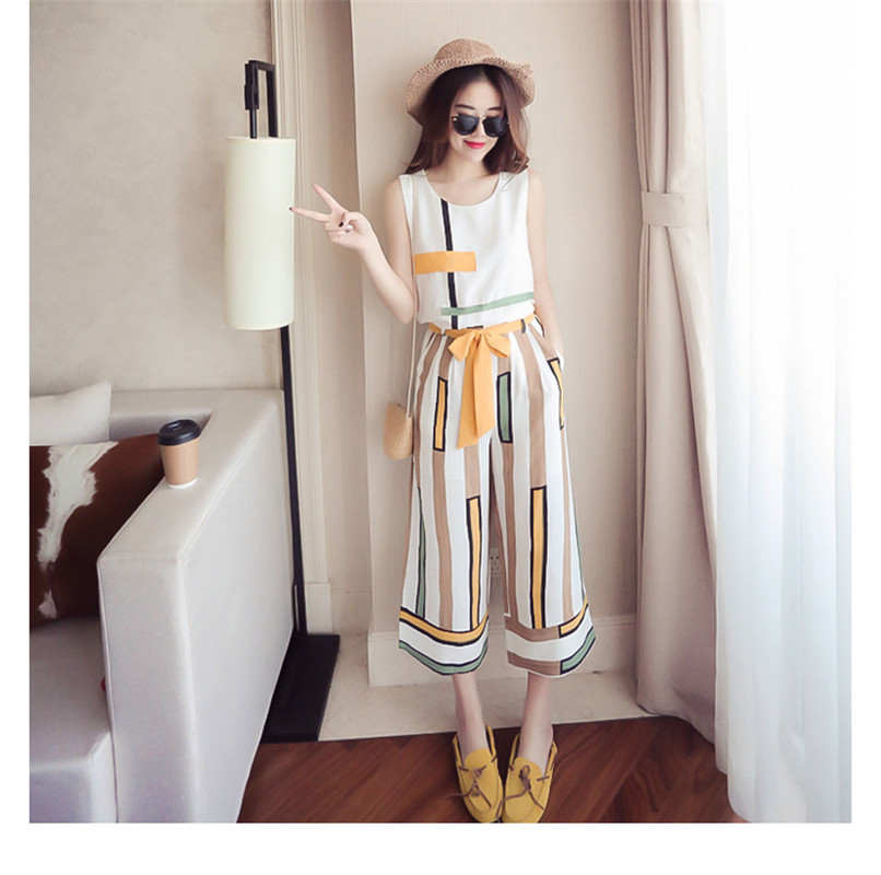 2018 Women Casual Striped Two Piece Set Women Summer Sleeveless Elegant Tank Top Office Lady Work Wide Leg Pants Chiffon Suit