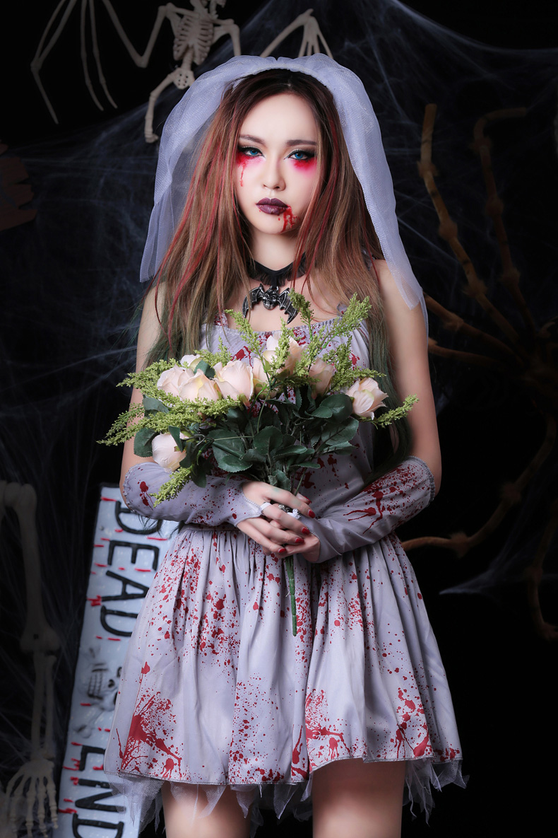 2018 New Arrival Halloween Costumes For Adults Vampire Bride Short Spaghetti Printed Blood Ployester Party Dress With Gloves + Veil In Stock