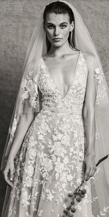 2018 Custom Made Wedding Dress Zuhair Murad Sexy Deep V Neck Floral Appliques Tulle Bridal Gowns With 3 Meters Veil