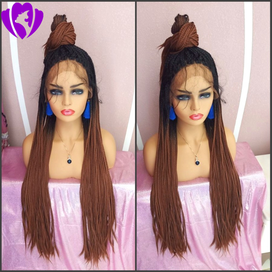 High quality ombre brown color braid wig Glueless brazilian full Lace Front Wigs heat resistatant Box Braids For Black Women
