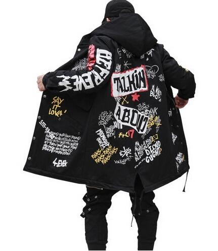 Winter Men's New Parkas jacket Graffiti Print Hooded Cotton Wadded Coats High Street Hip Hop Long padded Thick Outerwear, Black
Winter Men's New Parkas jacket Graffiti Print Hooded Cotton Wadded Coats High Street Hip Hop Long padded Thick Outerwear, Black
