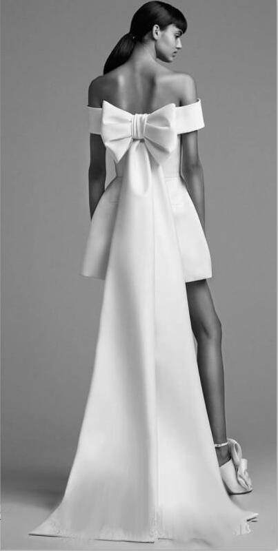 2018 Fashion Prom Dress High Quality White Satin Short Jumpsuit With Big Bow Wrap Design Sexy Off Shoulder Evening Gowns