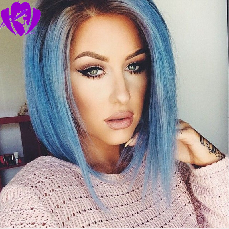 celebrity style middle part Short Bob Wig Women's Front Lace Heat Resistant Synthetic dark roots Ombre Blue Wigs for Women