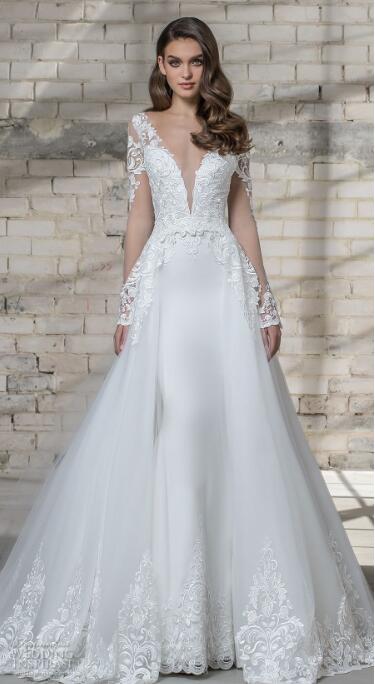 Elegant Two Pieces Wedding Dress Pnina Tornai 2019 Long Sleeve Mermaid Lace Applique Deep V Neck Bridal Gowns With Removable Tulle Train