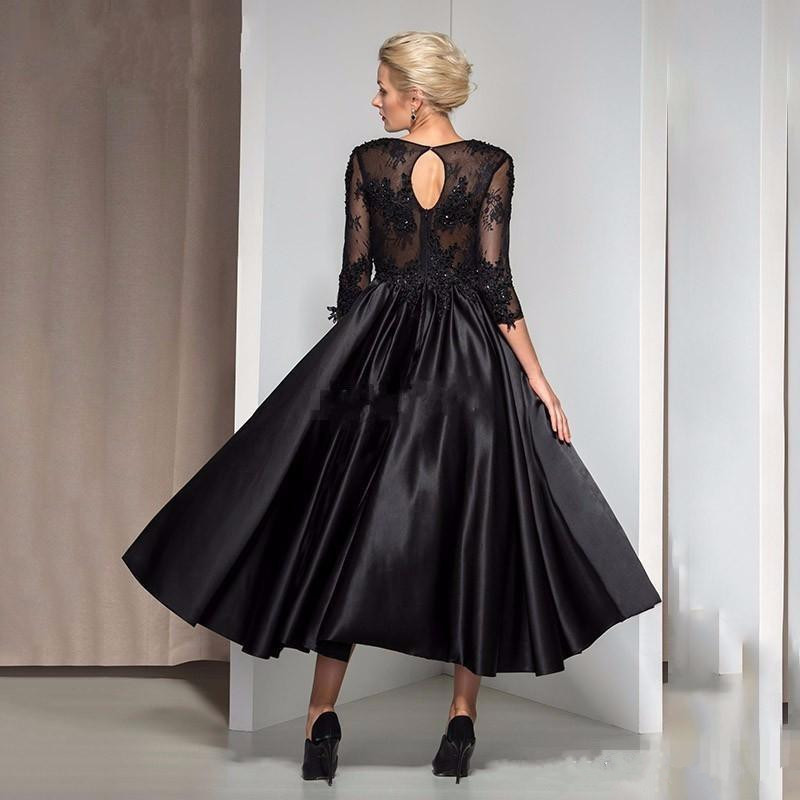 Vintage Black Tea Length Mother Of The Bride Dresses 3/4 Long Sleeves Jewel Neck Lace Mothers Formal Dress Plus Size Evening Gowns