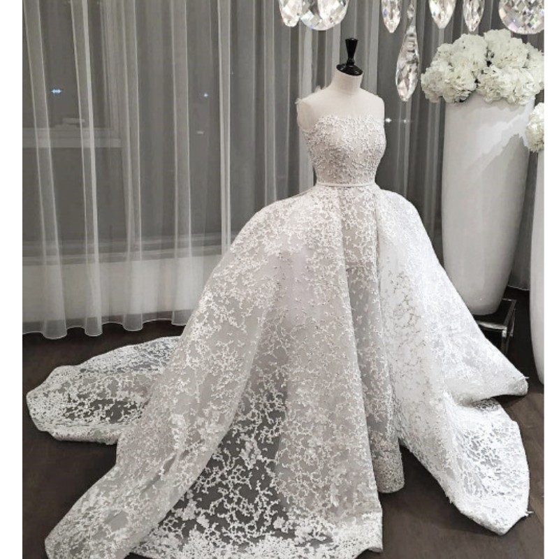 Dubai Glamorous Mermaid Wedding Dresses With Overskirt Sexy Strapless Full Lace Ball Gown Bridal Dress Saudi Arabia Princess Wedding Gowns
