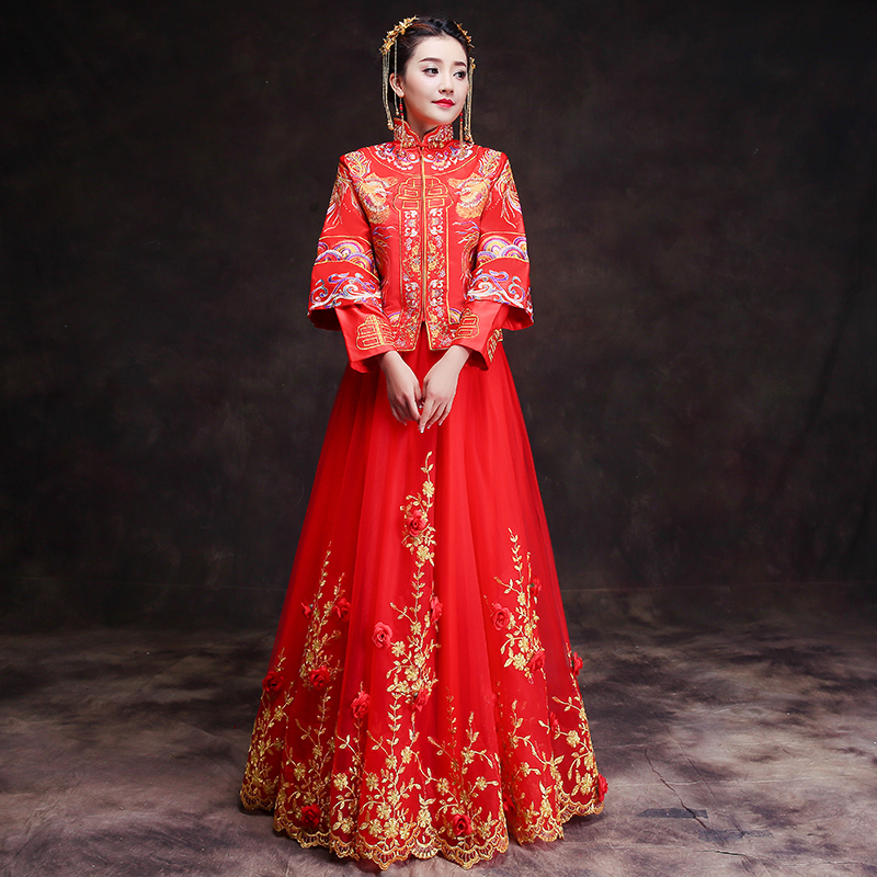 Spring Traditional Show bride dress Suzhou embroidery long sleeve chinese style Wedding cheongsam evening dress red vintage dragon Rose gown