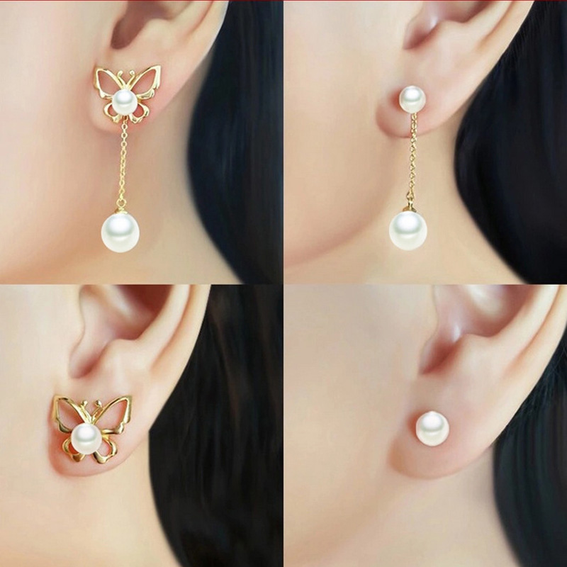 S925 Silver Pearl Butterfly Dangle Earrings Jewelry with 925 Silver Ear plug Four Wearing Methods