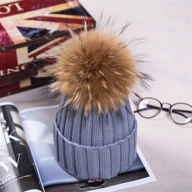 Raccoon Fur Ball Pom poms winter hat for women girls knitted wool beanies caps thick female Women's Fur gorros hats Detachable D18110102