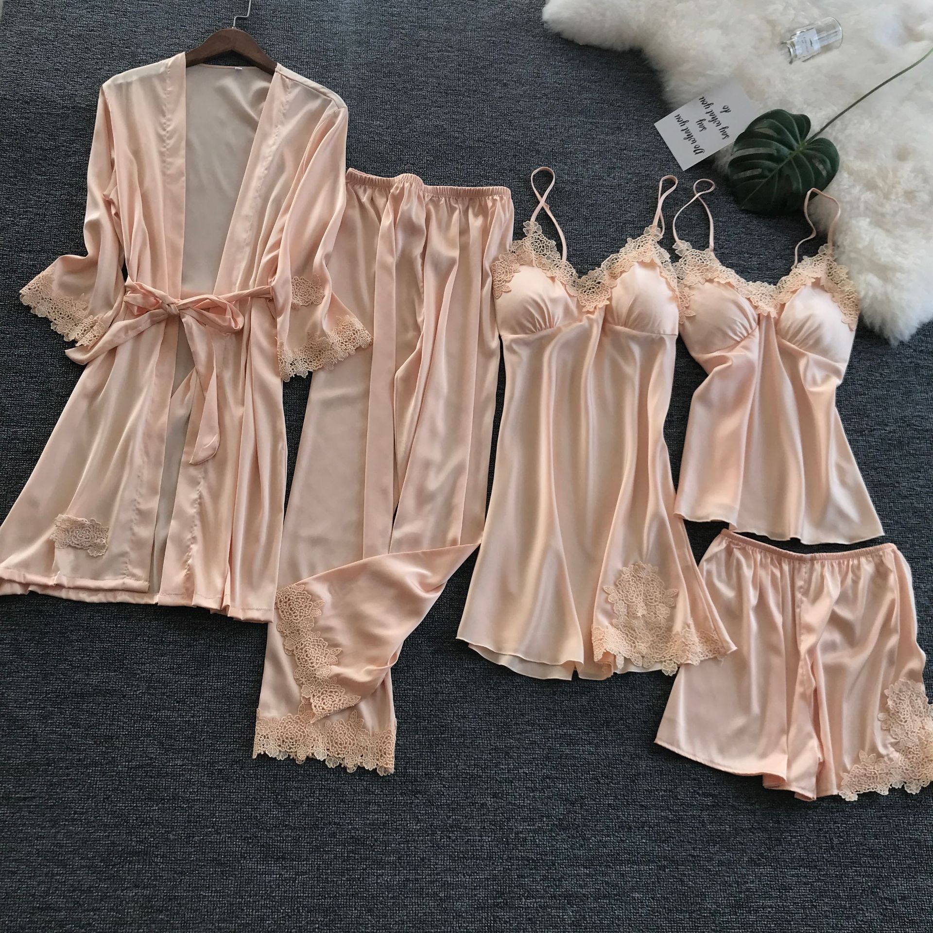 Women Pajama Set Autumn Belt Chest Pad Five-piece Set Ice Silk Pyjama Thin Outsidewear Nightgown Pijama Robe Korean Version Sling Pyjama, Red;black
Women Pajama Set Autumn Belt Chest Pad Five-piece Set Ice Silk Pyjama Thin Outsidewear Nightgown Pijama Robe Korean Version Sling Pyjama, Red;black
