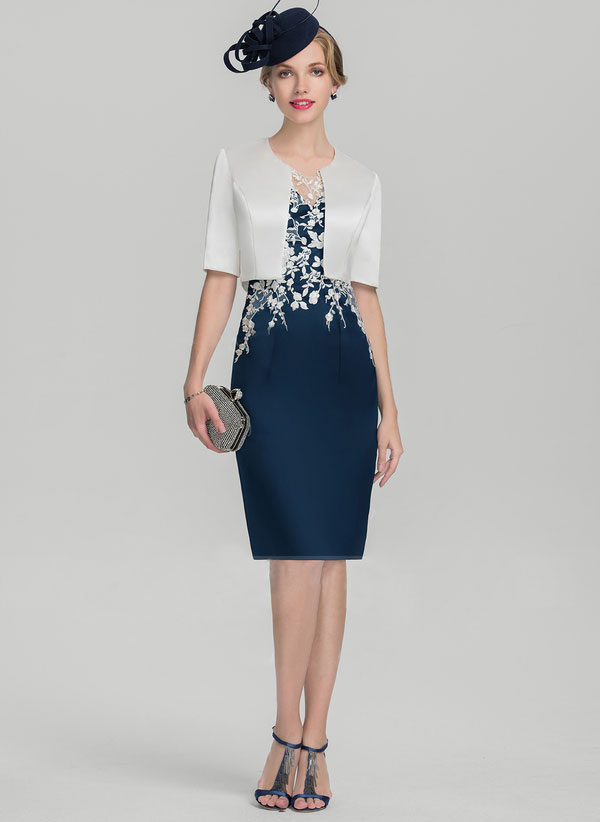 Dark Navy Lace Mother Of The Bride Dresses Sheer Jewel Neck Plus Size Bateau Neck Wedding Guest Dress Knee Length Satin Evening Gowns