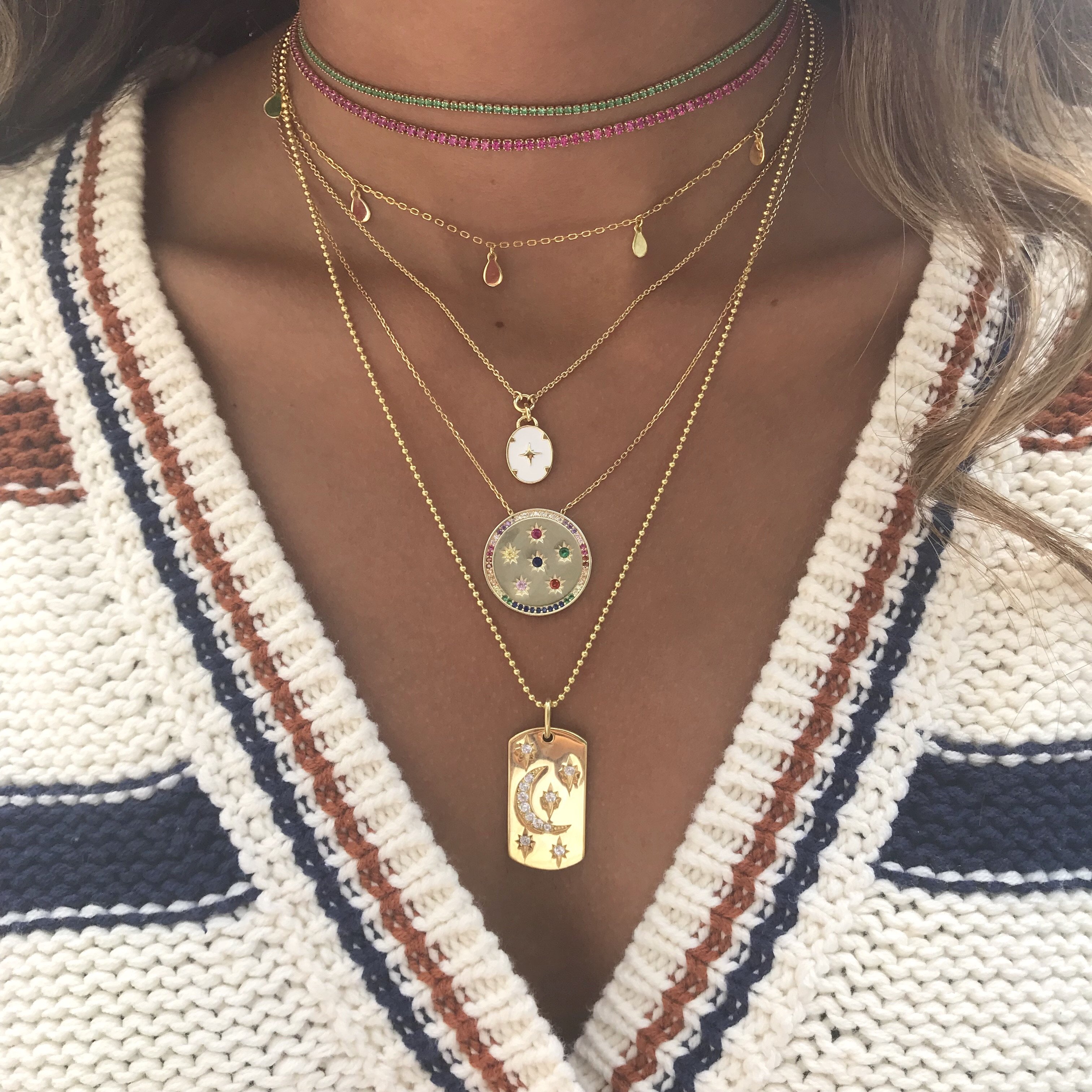 statement coin necklace paved rainbow cz engraved star geometric round plate classic simple fashion jewelry