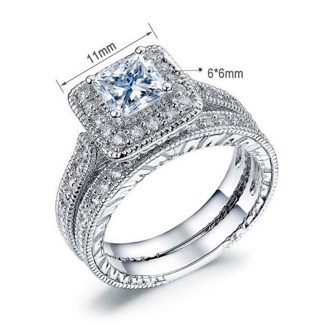 Wholesale Professional Vintage Fashion Jewelry 10KT White Gold Filled Princess Cut White Topaz Gemstones Women Wedding Bridal Ring Set Gift