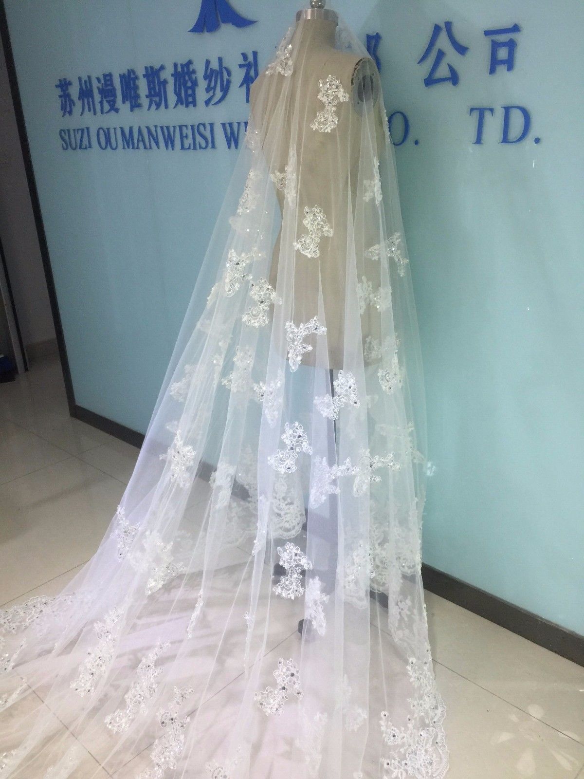 Luxury Bridal Wedding Veils Cathedral Length With Free Comb 5 M Long White Ivory Lace Applique Veil