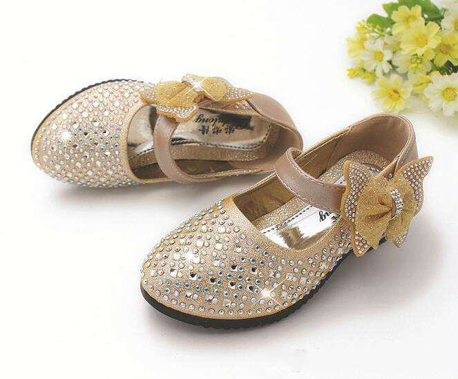 Fashion Girls Shoes Rhinestone Glitter Leather Shoes For Girls Spring Children Princess Shoes Pink Silver Golden
