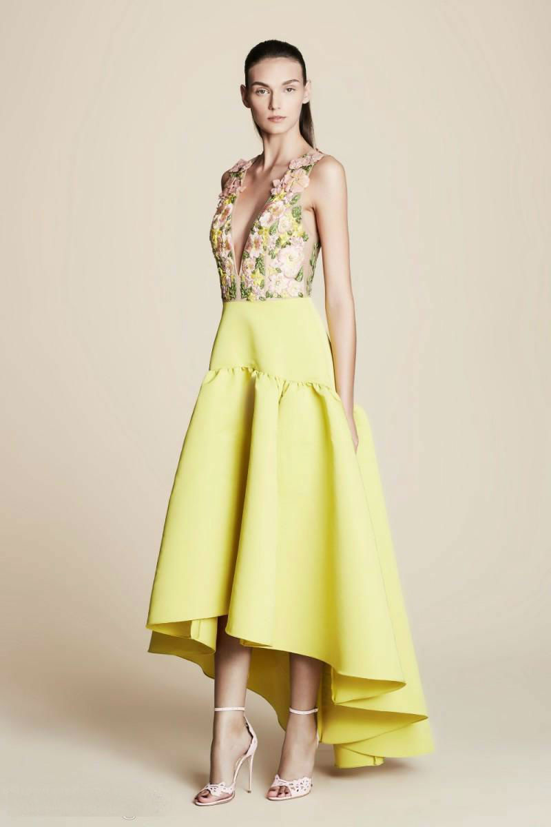 Tony Ward 2018 Prom Dress Light Yellow Sexy Deep V Neck Embroidery Flower Applique Hi Lo Party Gowns Evening Dresses