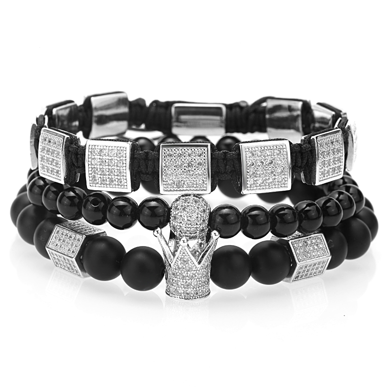 3pcs/set bracelet men/natural stone/beads/gold/charm/luxury/bracelet male hexagon crown charm braiding bracelets men jewelry Gift Valentine's Day