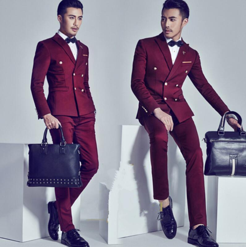 High Quality Burgundy Men Wedding Tuxedos Excellent Groom Tuxedos With Double-Breasted Men Blazer 2 Piece Suit(Jacket+Pants+Tie+Girdle) 1358