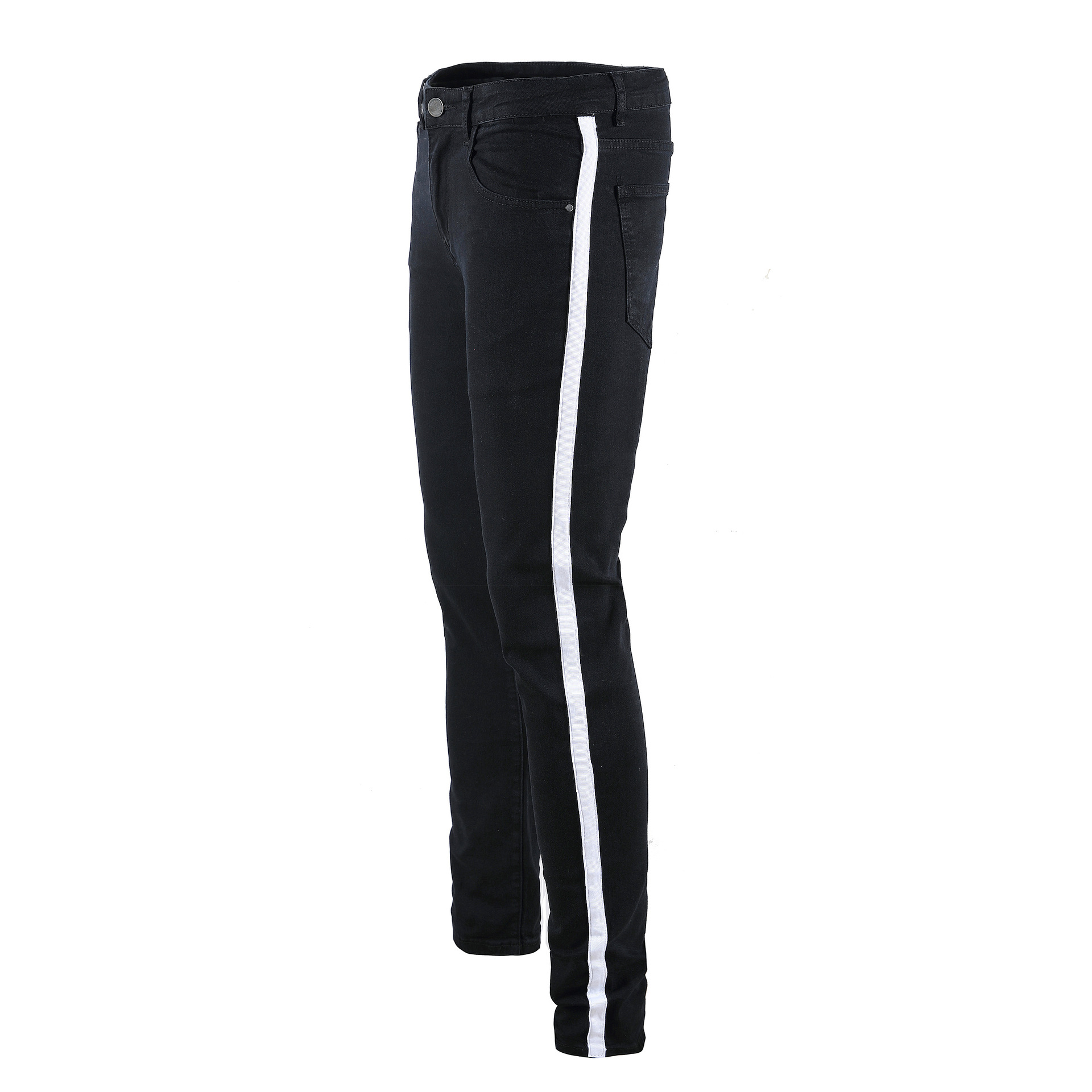 Mens Side Striped Black Jeans Elastic Long Pencil Pants Ripped Hiphop Style Holes