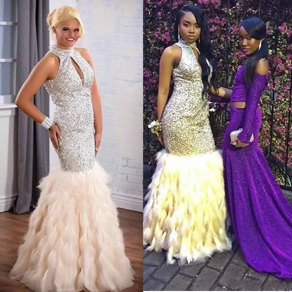 Stunning Sequined Feather African Prom Dresses Long Rhies Beaded High Neck Formal Gowns or Length Evening Dress For Women Plus Size