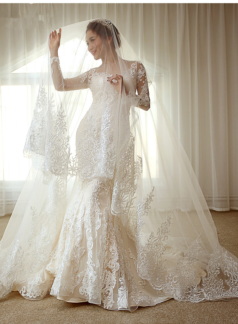 Amazing 4M One Layer Long Cathedral Wedding Veils Lace Trim Soft Tulle Ivory Blusher Bridal Veil Accessories