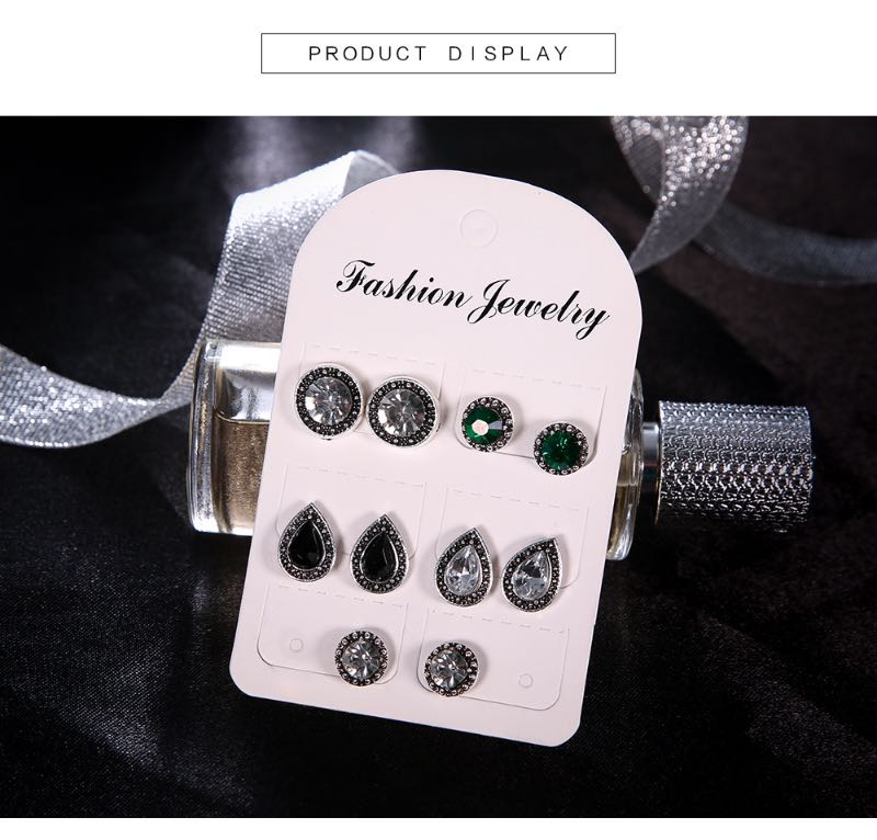 Vintage Bohemia Stud Big Fashion Crystal Earring Shinny Black White Green Rhinestone 5 Pairs For One Set