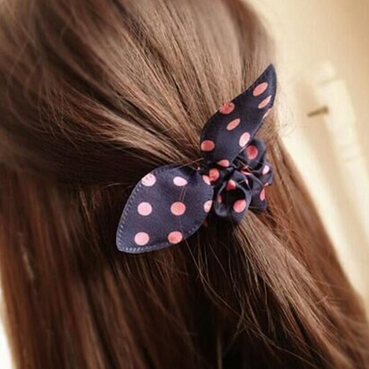100Pcs/lot Children women Hair Band Cute Polka Dot Bow Rabbit Ears Headband Girl Ring Scrunchy Kids Ponytail Holder Hair Accessories